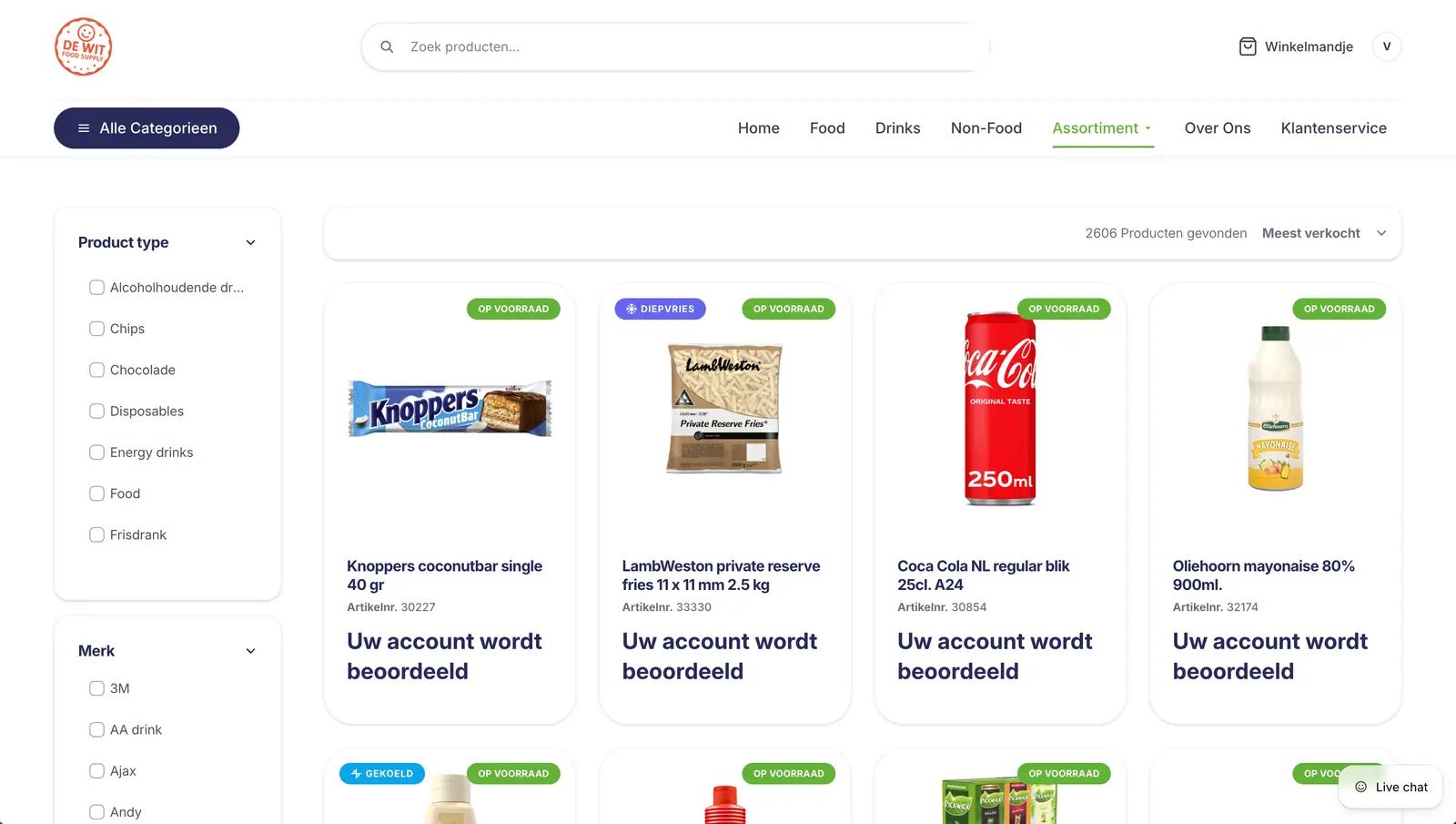 De Wit Food Supply: detail van de b2b-webshop in shopify, gekoppeld aan exact online